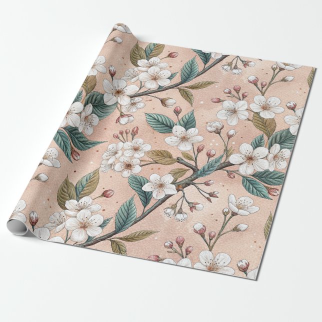Mjuk körsbärsblomgren botanisk mönster i persikofä presentpapper (Utrullad)