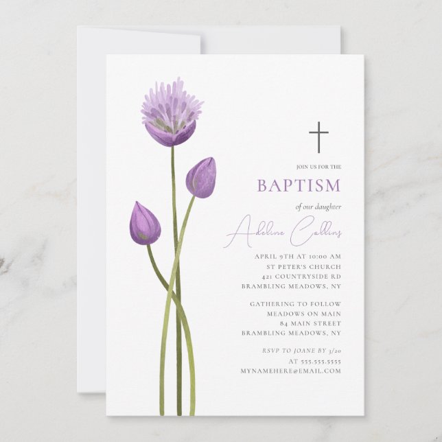 Mjuk lavender Bubble Flowers Minimalist Baptism Inbjudningar (Framsida)