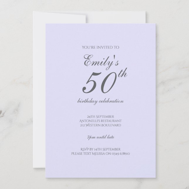 Mjuk Lavender - minimalistisk inbjudan på 50:e föd (Framsida)