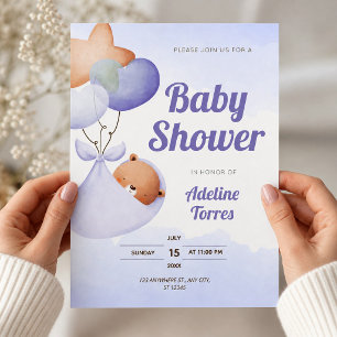 Mjuk lila akvarell babyfest med teddybjörn inbjudningar