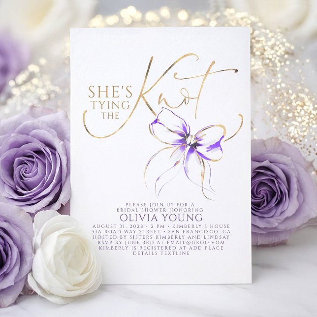 Mjuk Lila Båge Hon Knutar Knuten Bröllopsfest Inbjudningar (Soft Purple Bow Bridal Shower Invitation She's Tying The Knot)