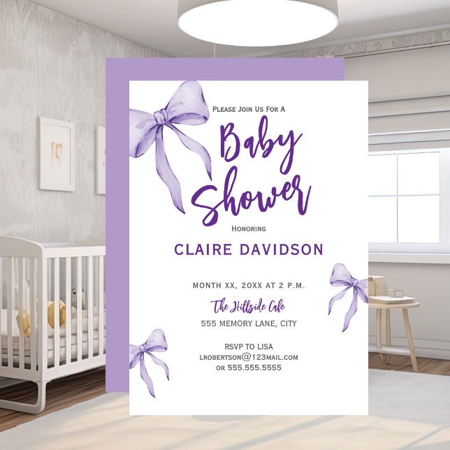 Mjuk lila barnkalas-inbjudan inbjudningar (Baby Shower Soft Purple Bows Invitation)