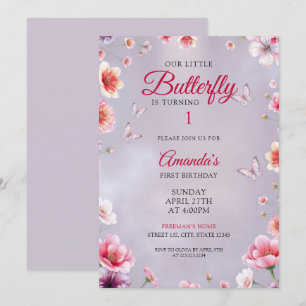 Mjuk Lila Blommigt Butterflies Girl 1st Birthday Inbjudningar