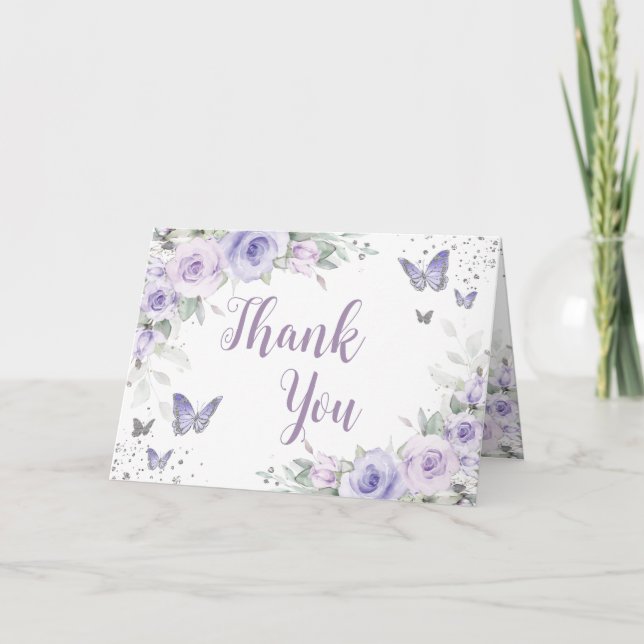 Mjuk Lila Blommigt Butterflies Silver Quinceañera Tack Kort (Framsida)