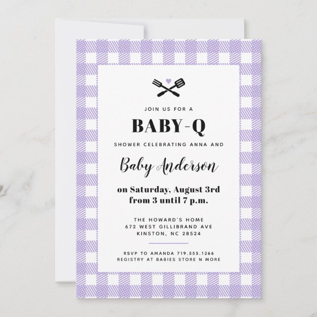 Mjuk lila gingham-rutig baby shower BBQ Inbjudningar (Framsida)