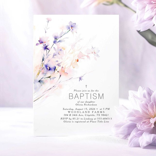 Mjuk Lila och  blommor Elegant Baptism Inbjudningar (Purple and Pink Baptism Invitations)