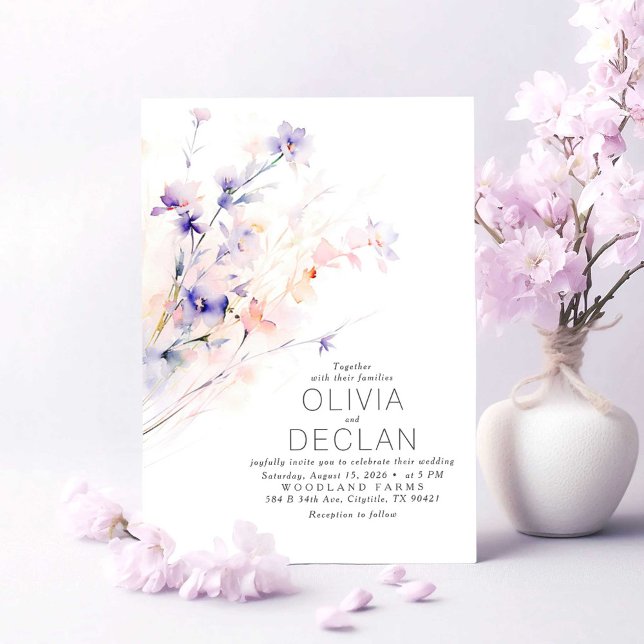 Mjuk Lila och  blommor Elegant bröllop Inbjudningar (Soft Purple and Pink Floral Wedding Invitations)
