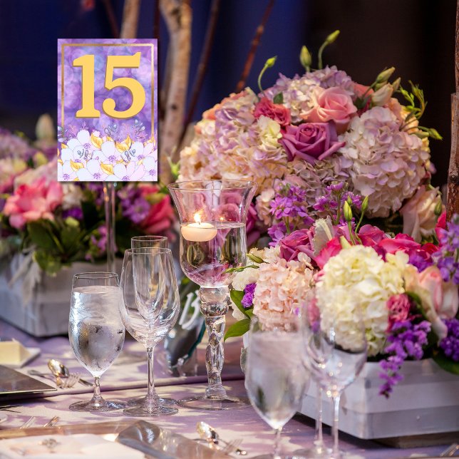 Mjuk Lila och Guld Blommigt Guld-framskjutet Bord- Bordsnummer (Skapare uppladdad)