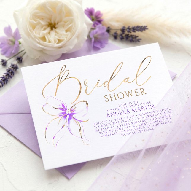 Mjuk lila slinga Elegant romantisk bröllosdusch Inbjudningar (Soft Purple Bow Romantic Bridal Shower Invites)