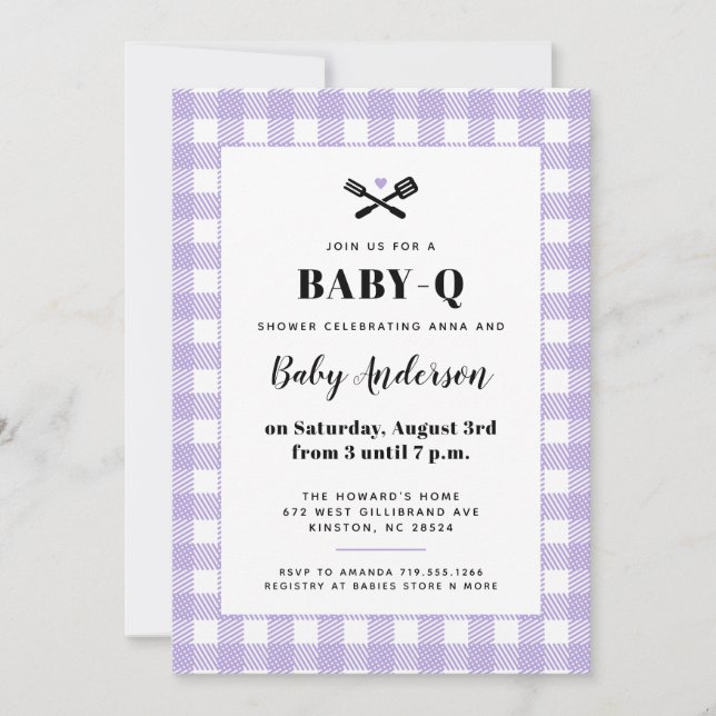Mjuk Lilac Gingham Play Baby Shower BBQ Inbjudningar (Framsida)