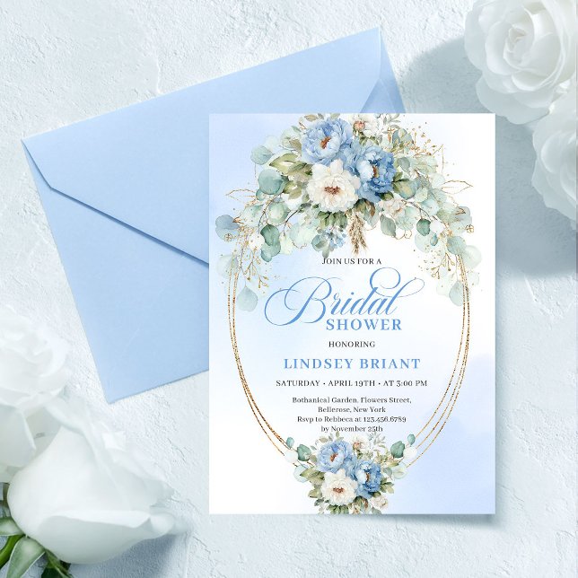 Mjuk Ljusblå Kronska Guld Bröllopsfest Inbjudan (Soft Light Blue Peonies Gold Bridal Shower Invitation)