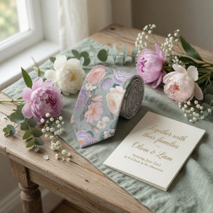 Mjuk Ljusgrön Blommig Pastell Peony Ros Slips