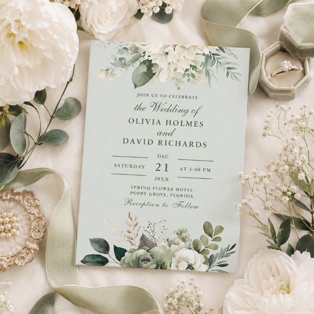 Mjuk ljust grön blomsterklassisk bröllopsinbjudan inbjudningar (Soft Sage Green Floral Classic Wedding Invitation)