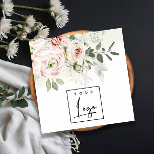 Mjuk Logotyp för Rosa Peony Leafy Botanical Blomm Fyrkantigt Visitkort