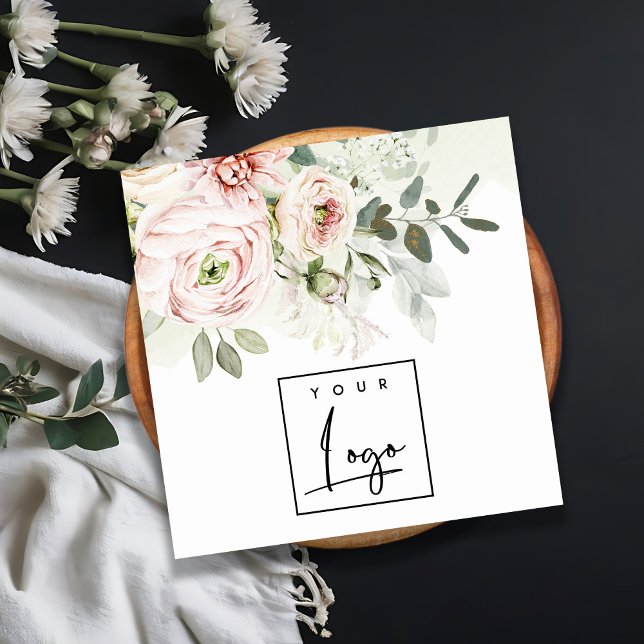 Mjuk Logotyp för  Rosa Peony Leafy Botanical Blomm Fyrkantigt Visitkort (Skapare uppladdad)