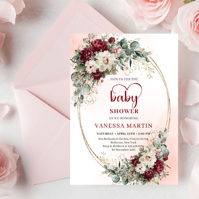 Mjuk Marsala Blommig Baby Shower Inbjudan (Soft Marsala Floral Baby Shower Invitation)