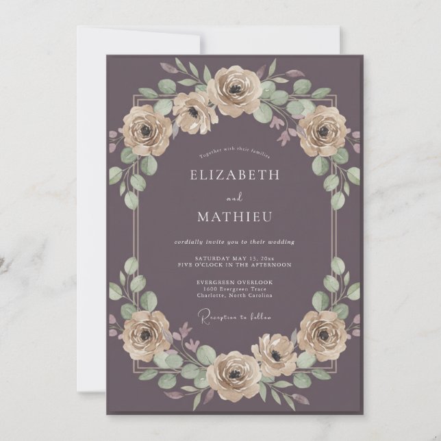 Mjuk Mauve Champagne Ranunculus Eucalyptus Bröllop Inbjudningar (Framsida)