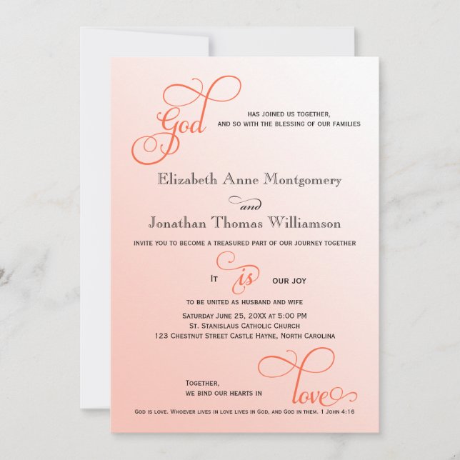 Mjuk Melon Script Gud är Kärlek Kristet Bröllop Inbjudningar (Framsida)