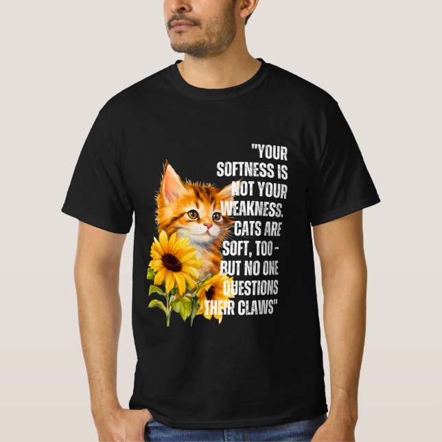 "Mjuk men stark" Katt med solrosoffert T-Shir T Shirt (Framsida)