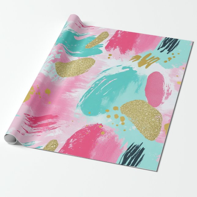 Mjuk mint rosa vår guld abstrakt penseldrag presentpapper (Utrullad)