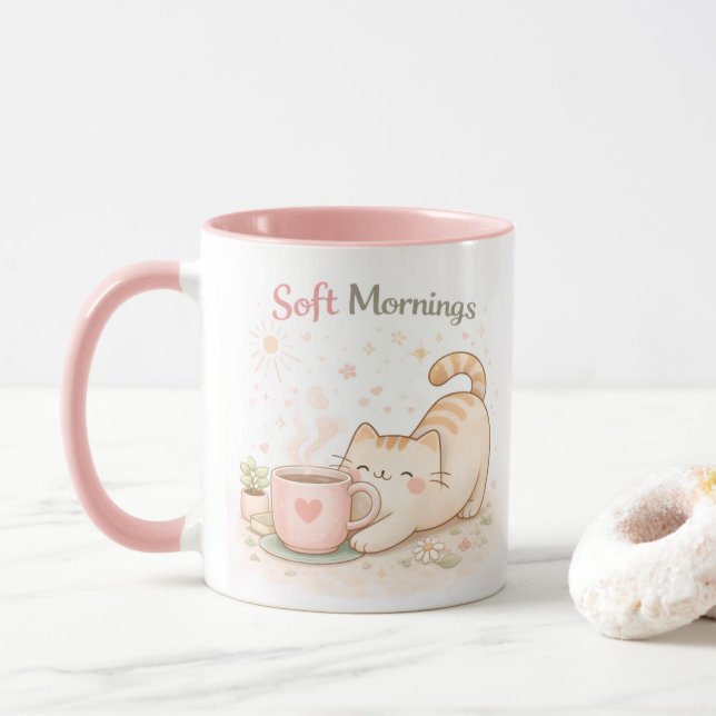Mjuk morgon Kawaii söt katt kaffe sött rosa Mugg (Med munk)