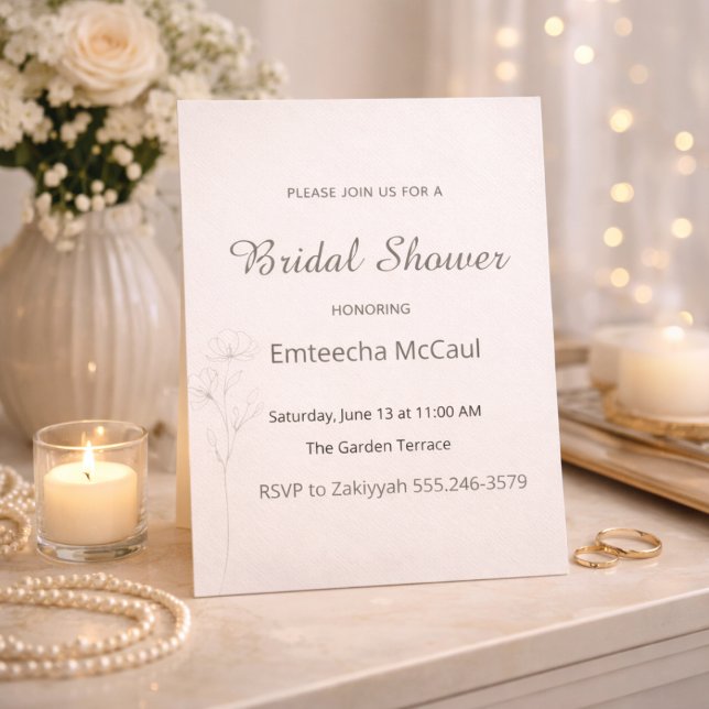 Mjuk neutral bröllopsfestinbjudan inbjudningar (Soft ivory tones with delicate floral line art for a refined bridal gathering)
