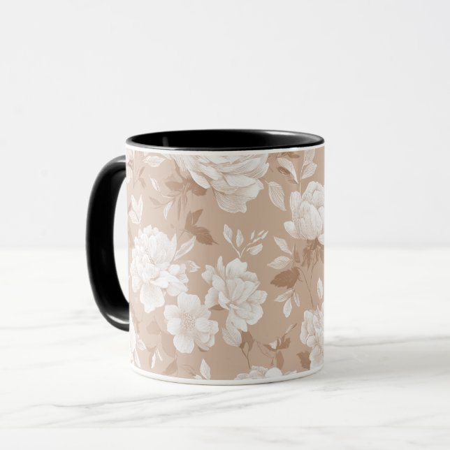 Mjuk Neutral Ros Beige Blommönster Mugg (Framsida vänster)