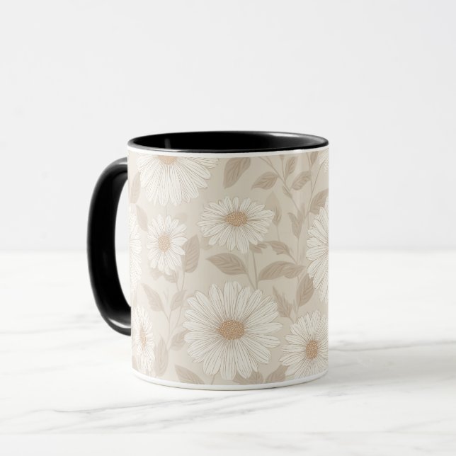 Mjuk neutral solroskräm kremfärgad blommönster mugg (Framsida vänster)