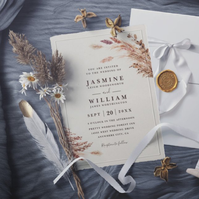 Mjuk Pampas Botanisk Boho Rustik Elegant Bröllop Inbjudningar (Skapare uppladdad)