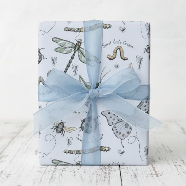 Mjuk pastel Blue Boho Baby Kryp Kids & Baby Presentpapper (Insect Baby Shower Wrapping Paper for Baby Boy. French Blue & Sage Green Bugs & Beetle. Dragonfly)