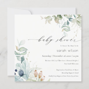 Mjuk pastel Blue Grönt Foliage Baby Shower Inbjuda Tack Kort