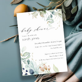 Mjuk pastel Blue Grönt Foliage Baby Shower Inbjuda Tack Kort
