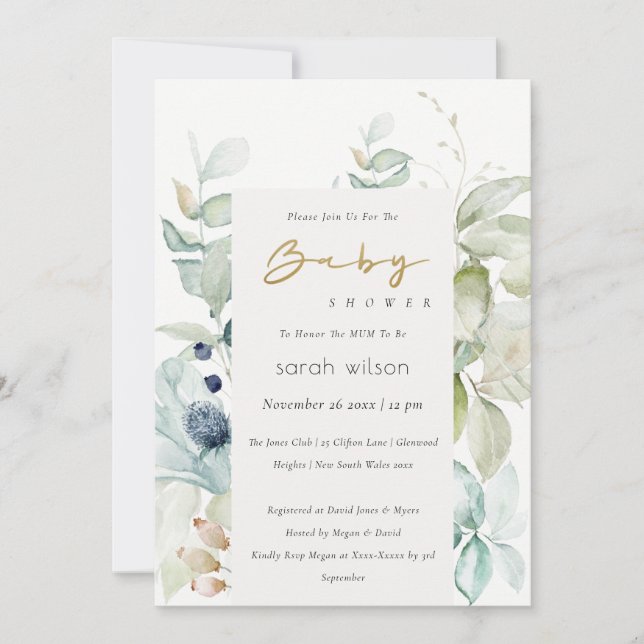 Mjuk pastel Blue Grönt Foliage Baby Shower Inbjuda Tack Kort (Framsida)