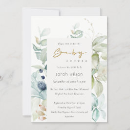Mjuk pastel Blue Grönt Foliage Baby Shower Inbjuda Tack Kort