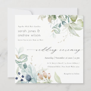 Mjuk pastel Blue Grönt Foliage Wedding bjudande in Tack Kort
