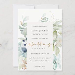 Mjuk pastel Blue Grönt Foliage Wedding bjudande in Tack Kort