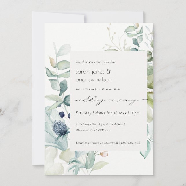 Mjuk pastel Blue Grönt Foliage Wedding bjudande in Tack Kort (Framsida)
