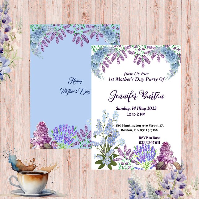 Mjuk Pastel Blue Lilac Hydrangea 1st Mors dag Inbjudningar (Soft Pastel Blue Lilac Hydrangea 1st Mother's Day Invitation)