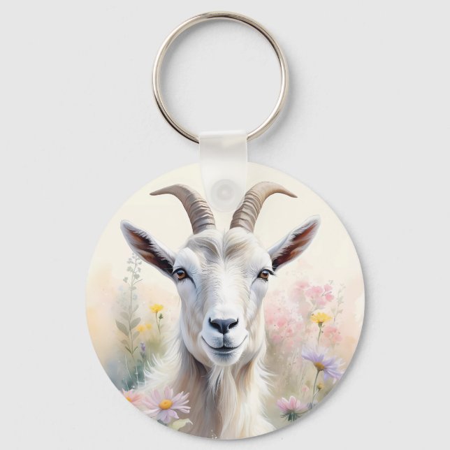 Mjuk pastel Flower Fält Goat Porträtt Nyckelring (Framsida)