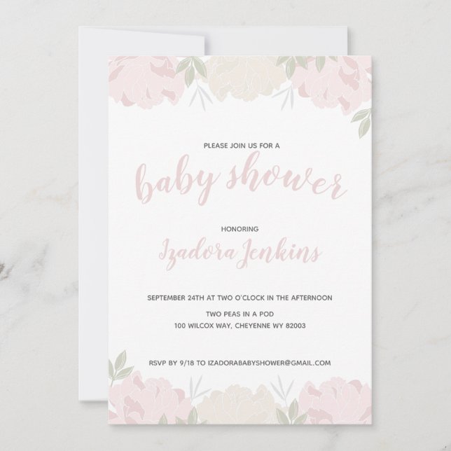 Mjuk pastel Peonies Baby Shower Party Inbjudningar (Framsida)