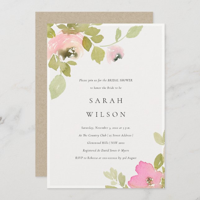 Mjuk Pastel  Ro Blommigt Möhippa Inbjudan (Fram/baksida)