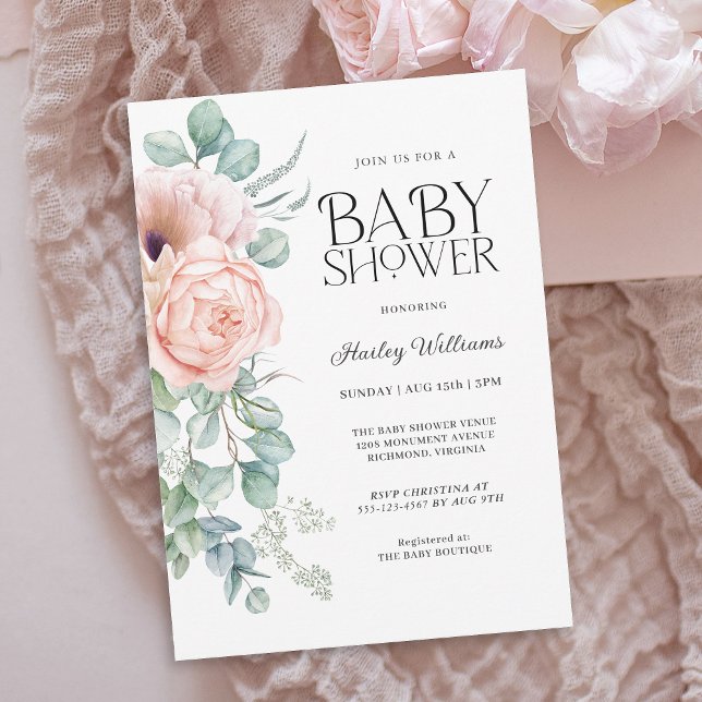 Mjuk Pastel Rosa Blommigt Girl Baby Shower Inbjudningar (Available as printed and paperless digital download!)