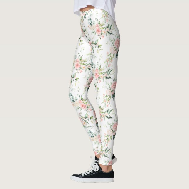 Mjuk Pastel Rosa ros Flower Mönster Leggings (Vänster)