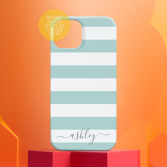 Mjuk pastel Teal White Stripe Mönster Grått-skript (Personalized Phone Case with Custom Text)