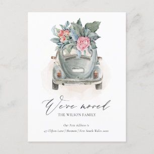 Mjuk pastel Watercolor Blommigt Car Vi har Flyttat Vykort