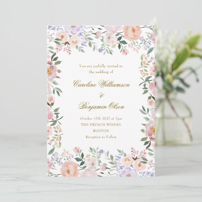 Mjuk pastel Watercolor Blommigt Garden Wedding Inbjudningar (Stående Fram)
