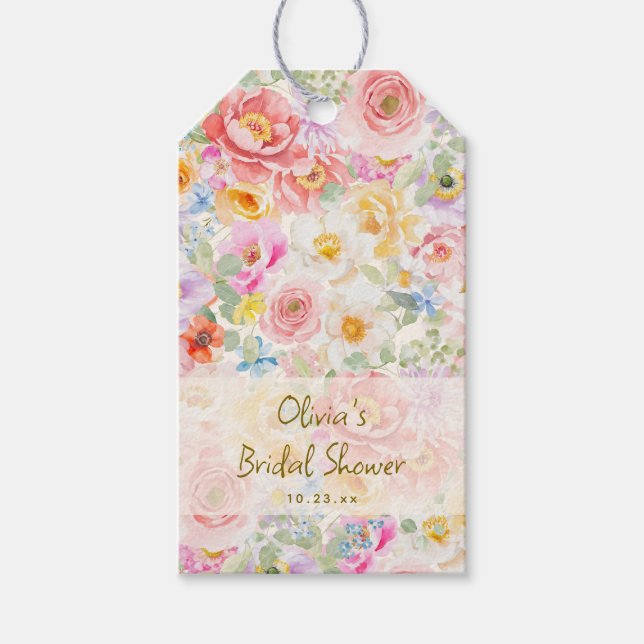 Mjuk Pastell Akvarell Blommig Bröllopsdusch Anpass Presentetikett (Framsidan)