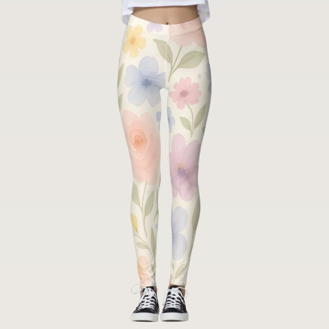 Mjuk Pastell Akvarell Blommig Leggings (Framsida)