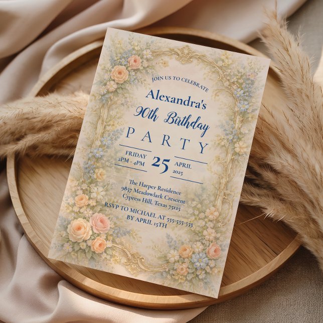 Mjuk Pastell Barock Blommig 90-årsdag Inbjudningar (Skapare uppladdad)