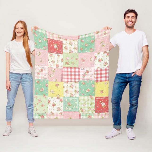 Mjuk Pastell Blommig Lappverks Gingham Rutig Fleecefilt (På plats)